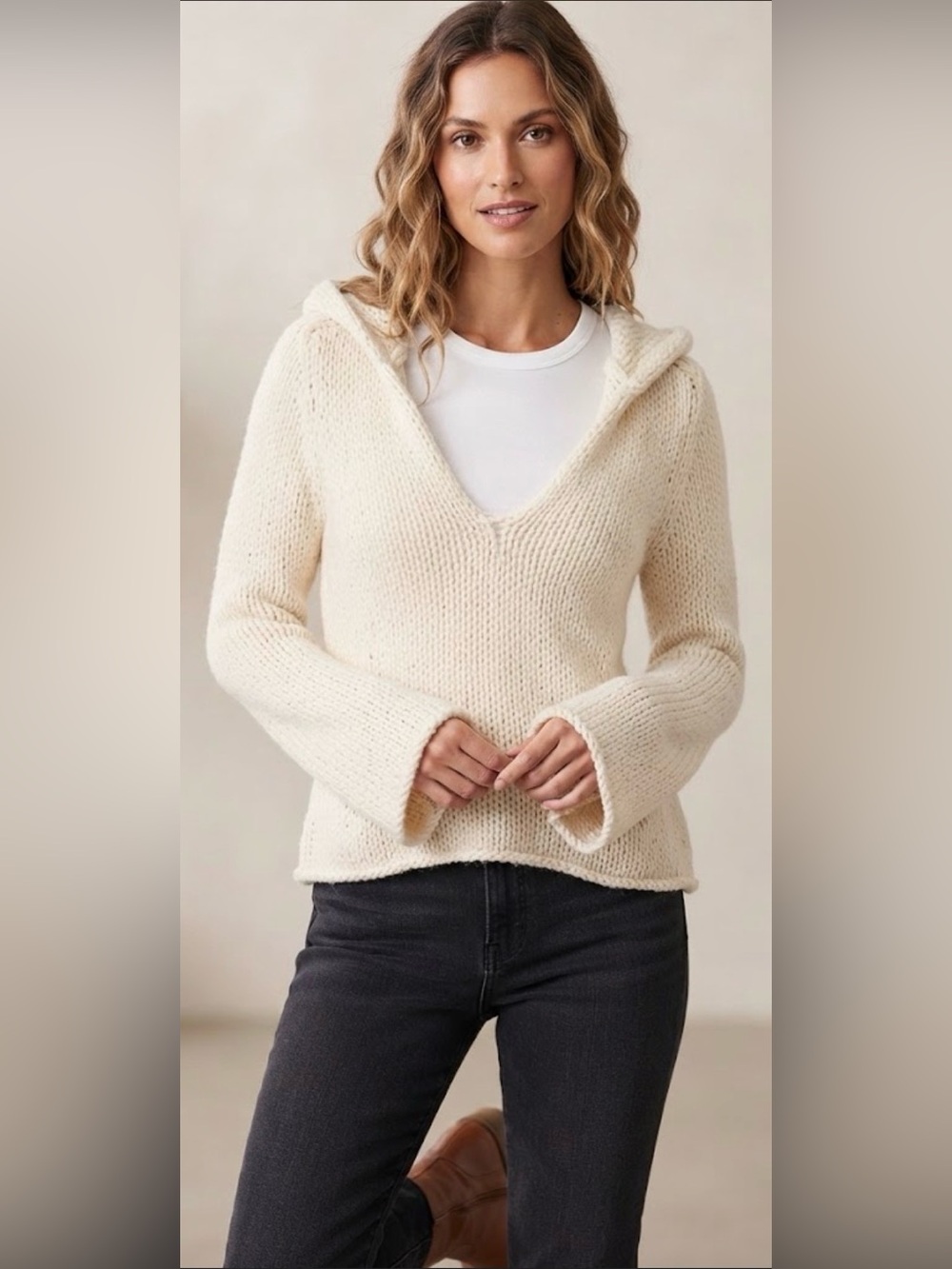 Laurie B. Chunky Loose Knit Hooded Sweater Cream Ivory Size L V-Neck Hoodie Cozy